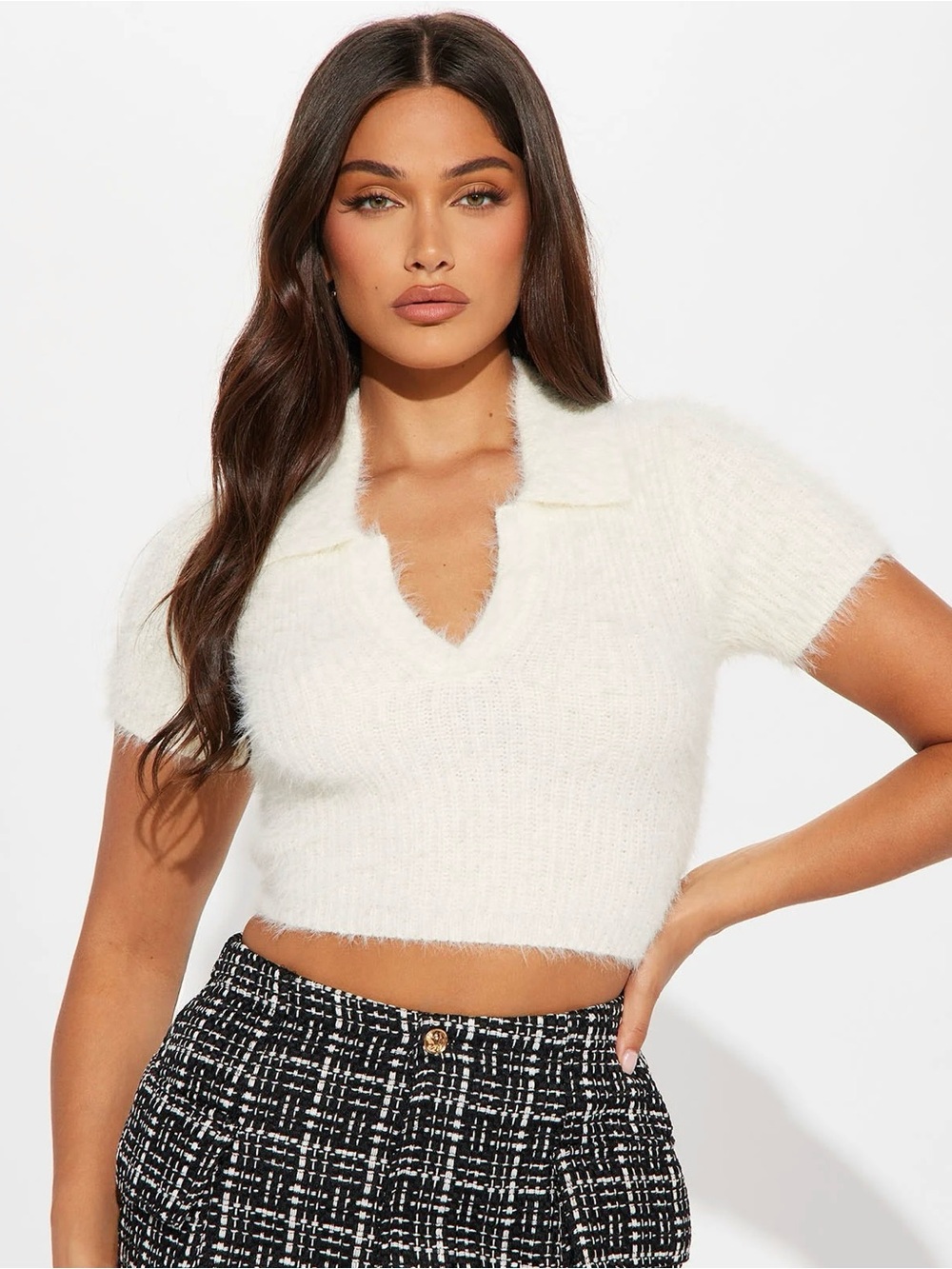 Fuzzy Knit Cropped Polo Top - White